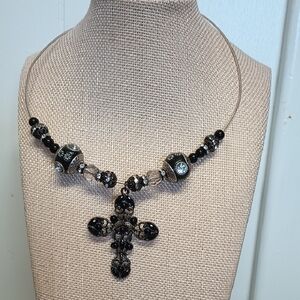 Elegant Black Beaded Cross Pendant Necklace